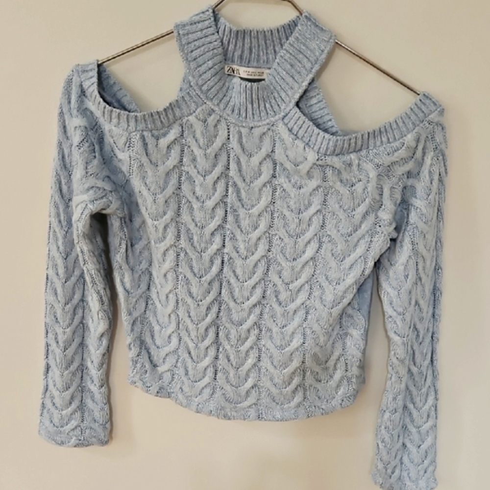 Zara Blue Off-the-Shoulder Sweater Cable Knit